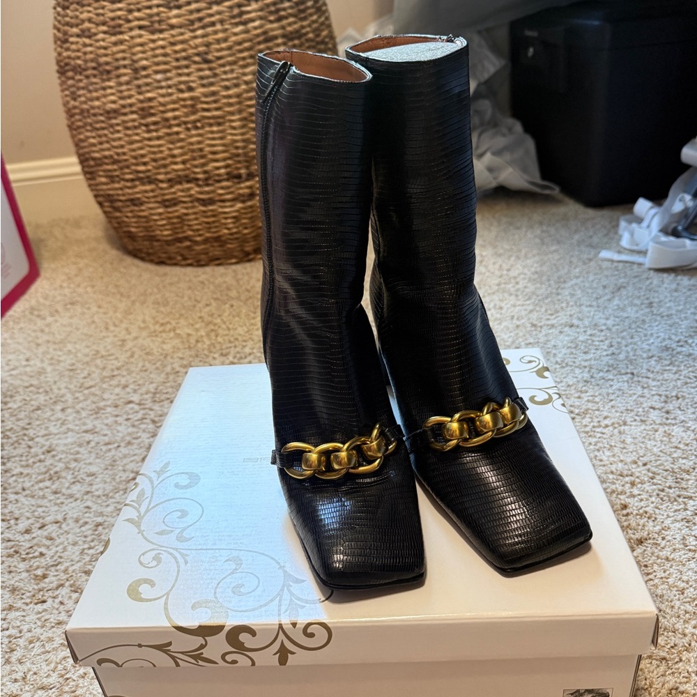 Brenda zaro Black Heeled Boots with Gold Chain Accent